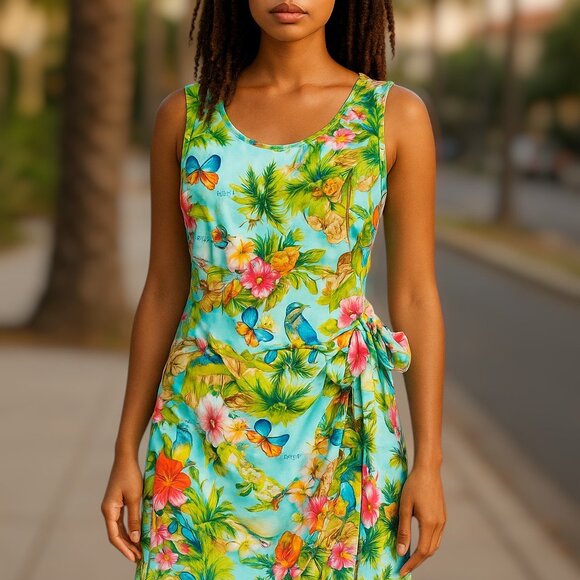 Tropical Holiday Party Caribbean Floral Dress Light Faux Wrap Skirt Size S/M - Picture 14 of 16